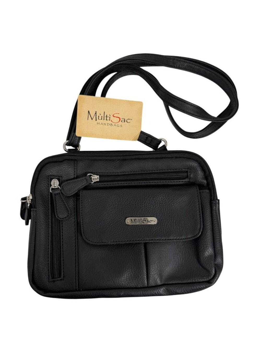 MultiSac Black Faux Leather Crossbody Bag With Adjustable Strap & Multiple Pocke